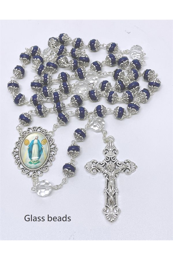 Rosary, Glass Blue Beads 8 mm, Miraculous Medal