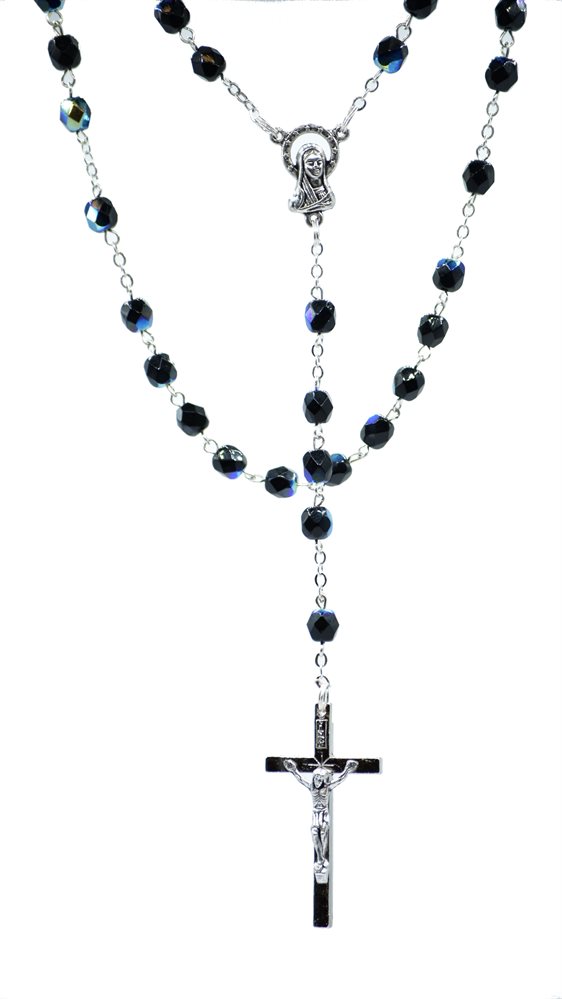 Rosary, 6 mm Black Glass Beads, S-F Cross, 18"