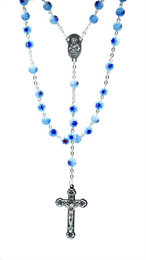 Rosary, 8mm Light Blue Beads & Silver Cross, 22"