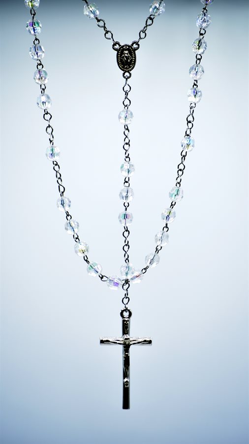 Rosary, 6 mm Crystal Beads, Silver-Finish Cross
