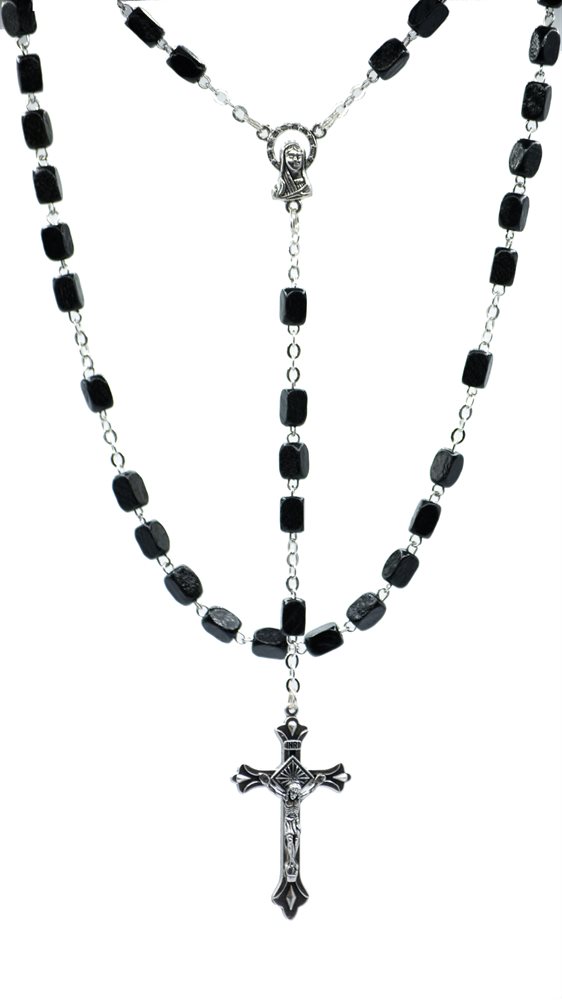 Chapelet, perles 8 x 5 mm, bois noir carré, 76 cm