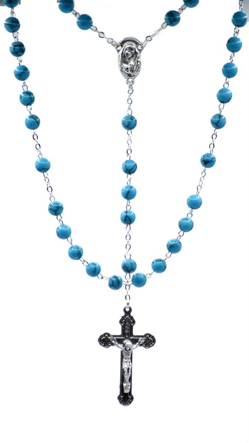 Rosary, 6mm Turquoise Glass Beads, S-F Cross