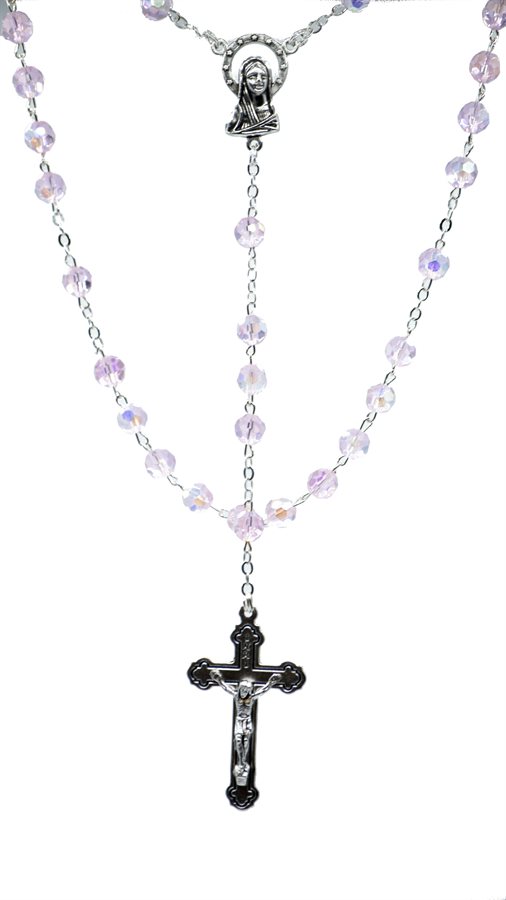 Rosary, 6 mm Pink Cut Crystal Beads, S-F Cross