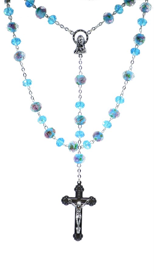 Chapelet, grains 7 mm, perles en cristal turquoise, croix a.