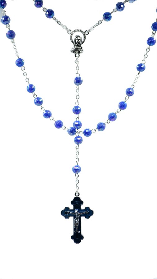 Rosary, 6 mm, blue plastic beads, blue cross, 17"