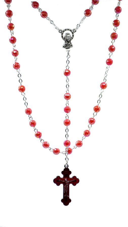 Rosary, 6 mm, red plastic beads, red cross, 17''