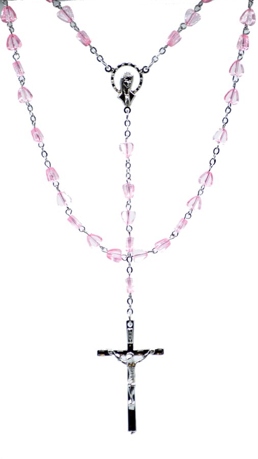 Rosary, 6 mm Pink Heart-Shaped Beads, 18"