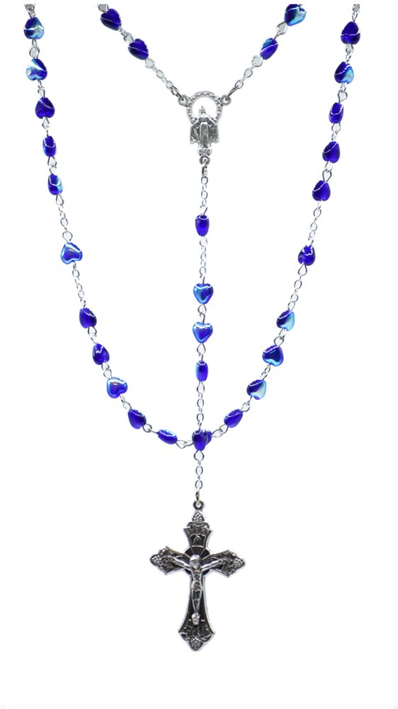 Rosary, 6 mm Heart-Shaped Blue Glass Bds, 18½"