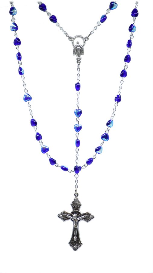 Rosary, 6 mm Heart-Shaped Blue Glass Bds, 18½"