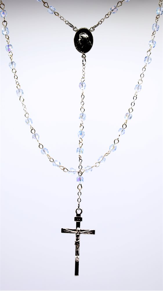 Rosary w / Heart, 4 mm Light Blue Glass Bds, 14½"