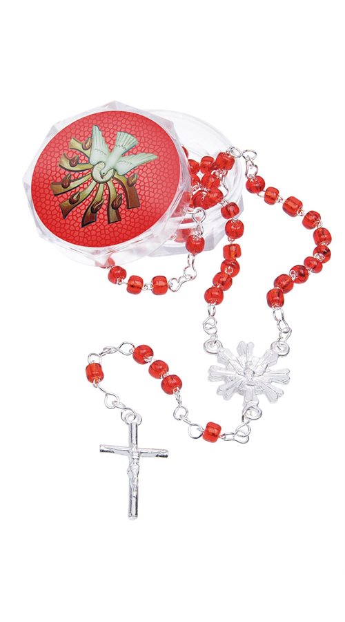 Boxed rosary, 4 mm, red plas. Bds, s. cross, 11"