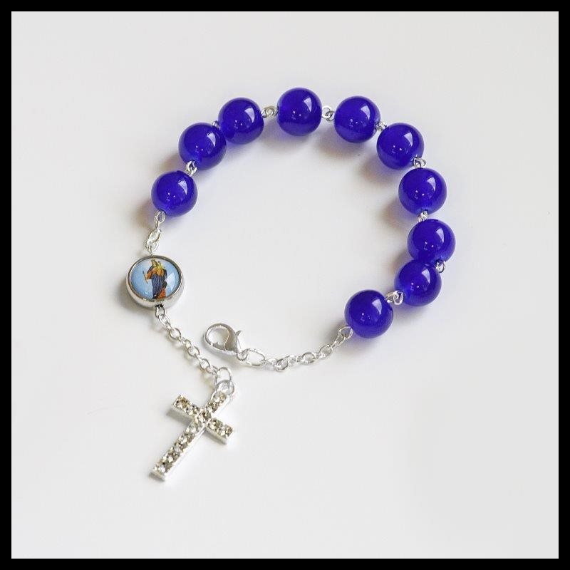 Bracelet Dizainier, grains 10 mm, bleu, croix perlés