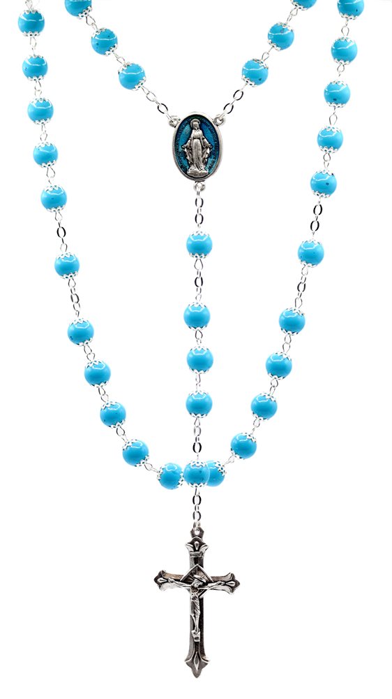 Rosary, 8 mm Pearl Clear-Blue Glass Beads, 23"