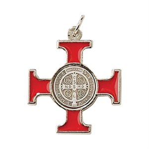 Croix Saint Benoît émail rouge / argent, 4 cm