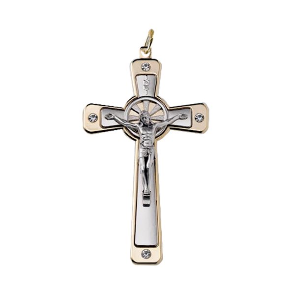 Croix métal doré et arg., perle cristal, 8,9 cm