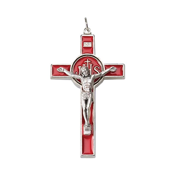 Silver Metal & Red Enameled Cross, 2.9"