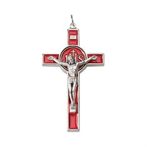 Croix, métal argenté et émail rouge, 7,5 cm