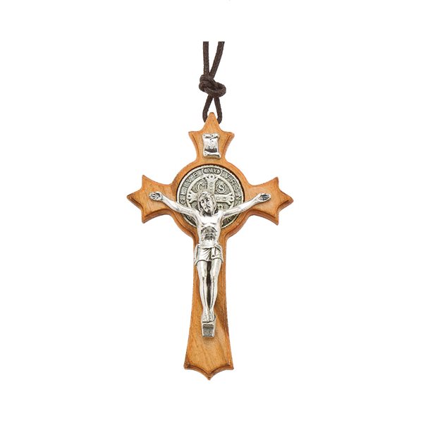 'St. Benedict'' Olive Wood Cross Pendant, 16"