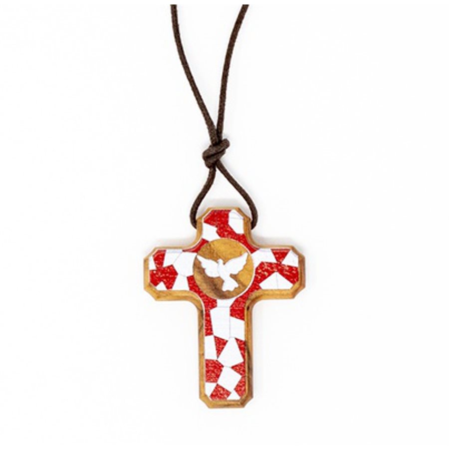 Croix de bois coloré rouge & corde Confirmation, 2"