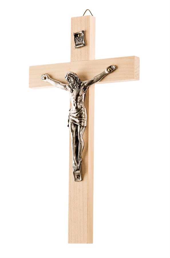 Light Color Wooden Crucifix, Silver finish Corpus, 8