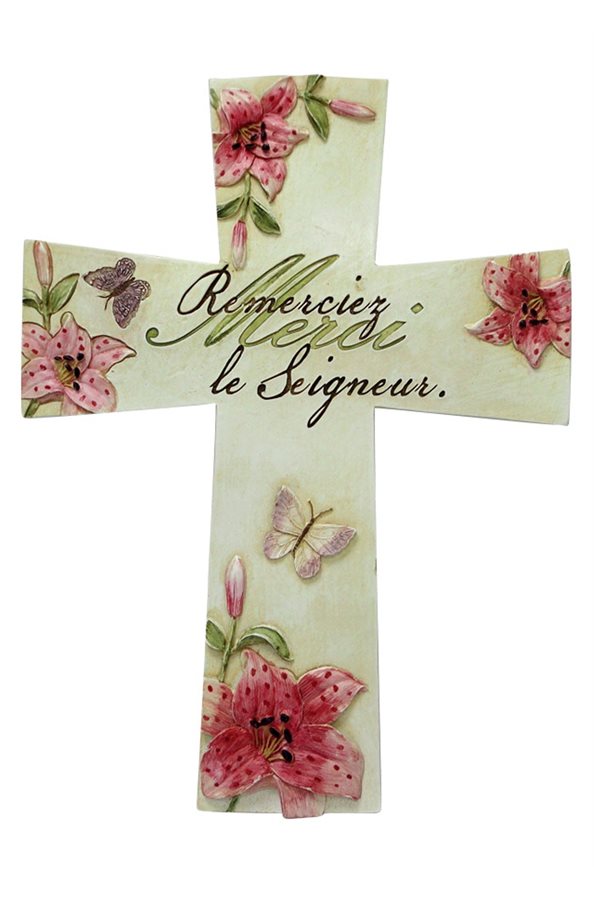 "Merci Seigneur" Resin Crucifix, 8", French
