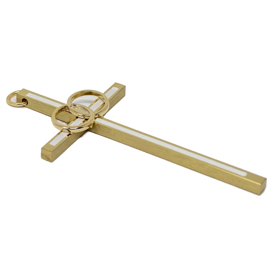 Croix avec alliances, laiton poli, 10 cm