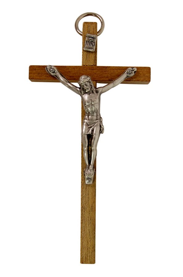 Brown Wooden Crucifix, Silv. Metal Corpus, 3½"