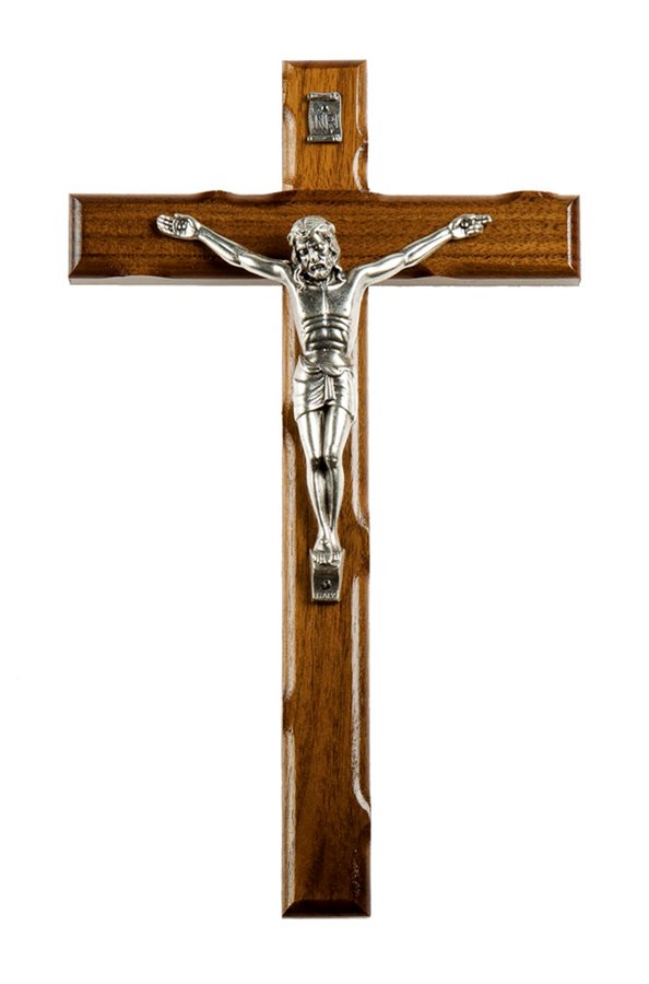 Dark color Wooden Crucifix, Silver finish Corpus, 10