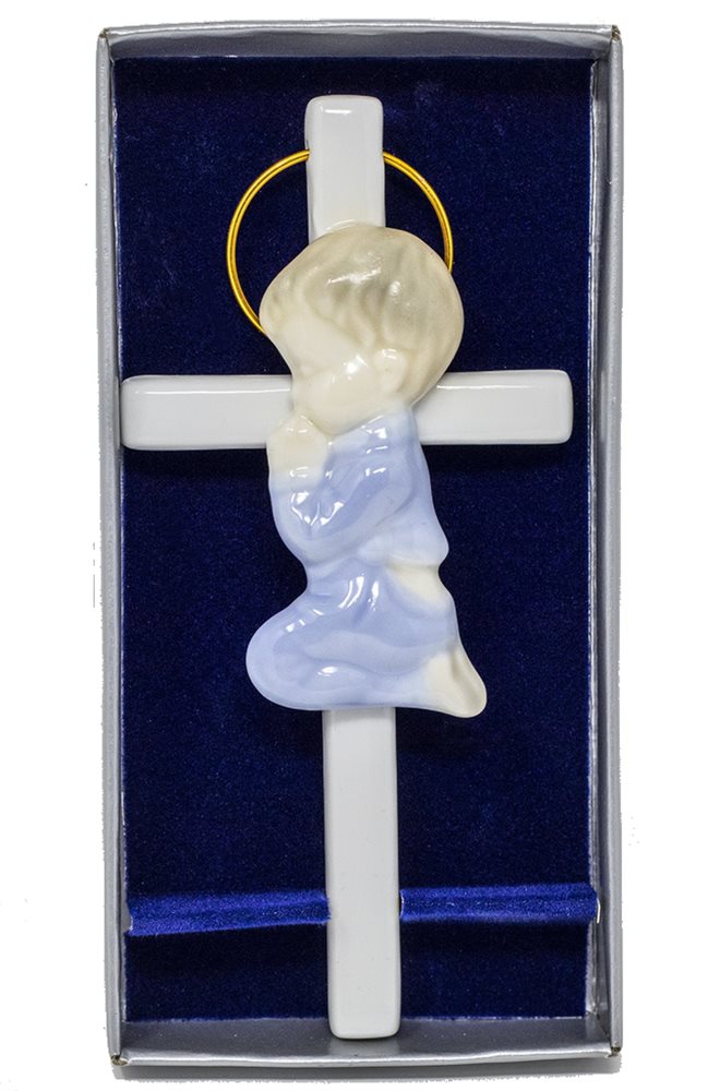Croix baptême garçon, porcelaine blanche et bleue, 14 cm