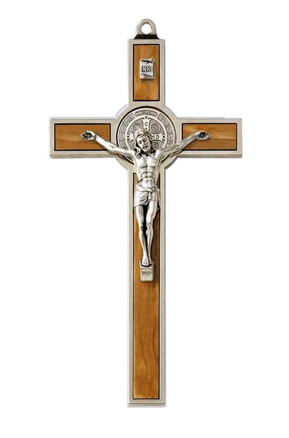 Crucifix Saint Benoit, nickel et bois d'olivier, 12,7 cm