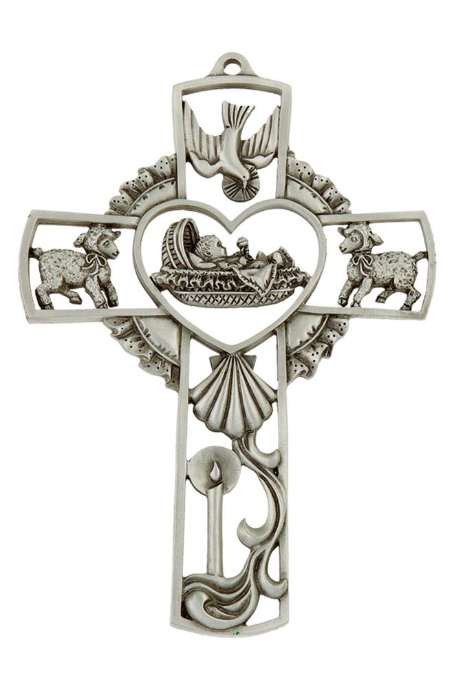 Croix de baptême en étain véritable, 14 cm / un