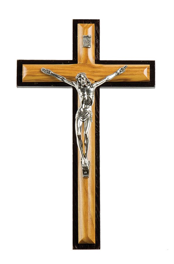Crucifix bois d'olivier bicolore, corpus argent, 20,3 cm