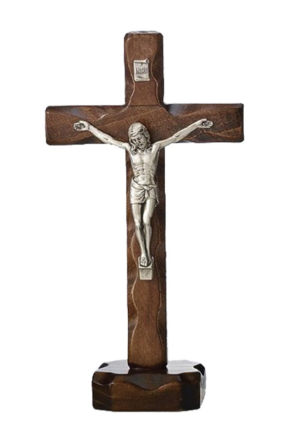 Crucifix sur base, noyer, corpus argenté, 18 cm