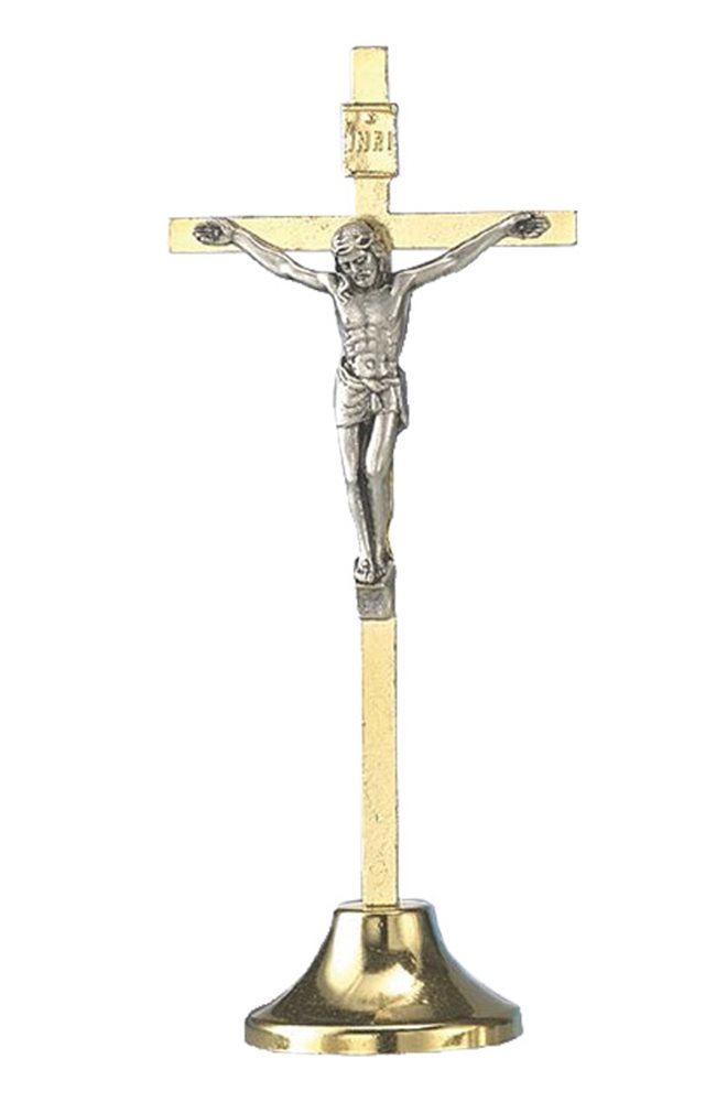 Crucifix sur base, doré, corpus argenté, 10 cm