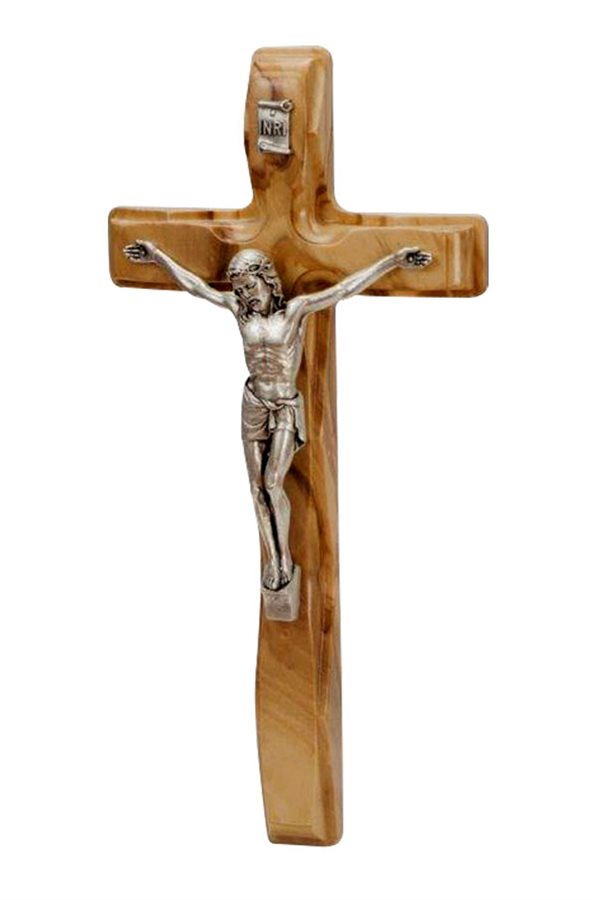 Olive Wood Crucifix, Silver Corpus, 6"