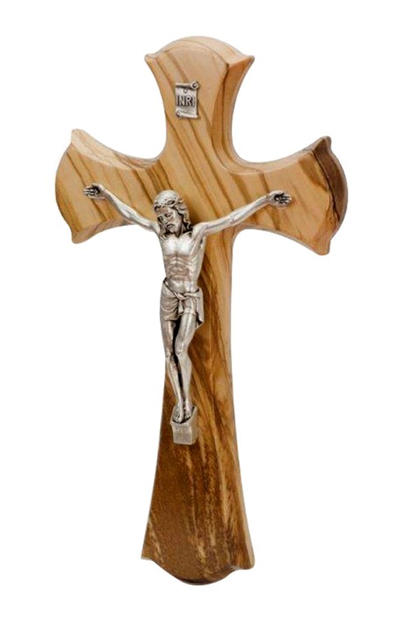 Olive Wood Crucifix, Silver Corpus, 6"