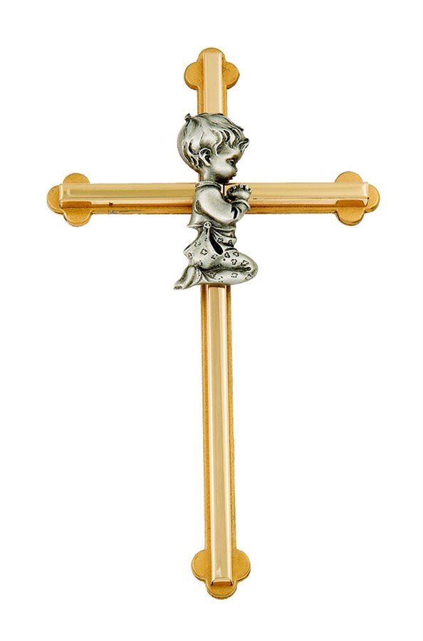Croix baptême garçon, métal bicolore, 20 cm