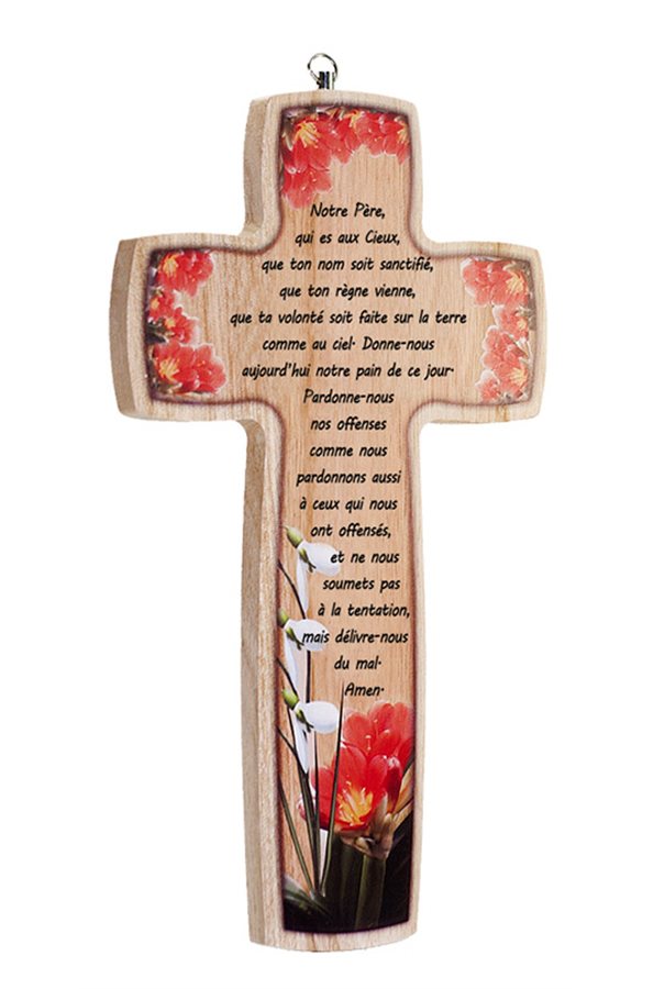 Wooden Crucifix, ''Prière du Notre-Père'', 9.8", French
