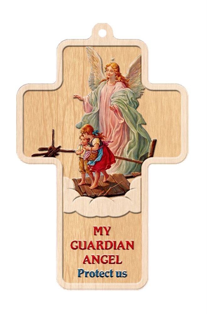 'Guardian Angel'' Wood Print. Crucifix, 4.9", English