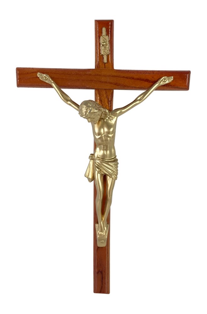 Crucifix noyer, corpus en plastique doré, 20,3 cm