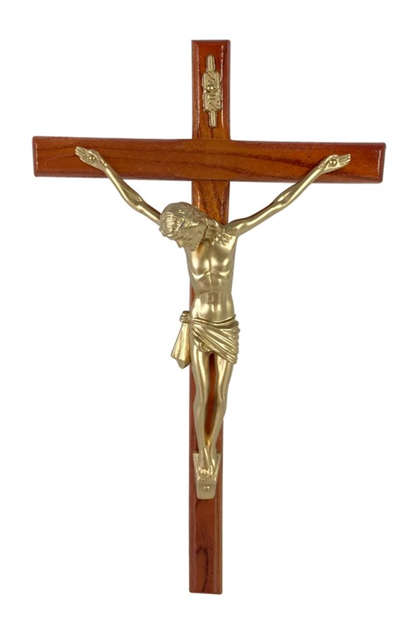 Crucifix noyer, corpus en plastique doré, 20,3 cm