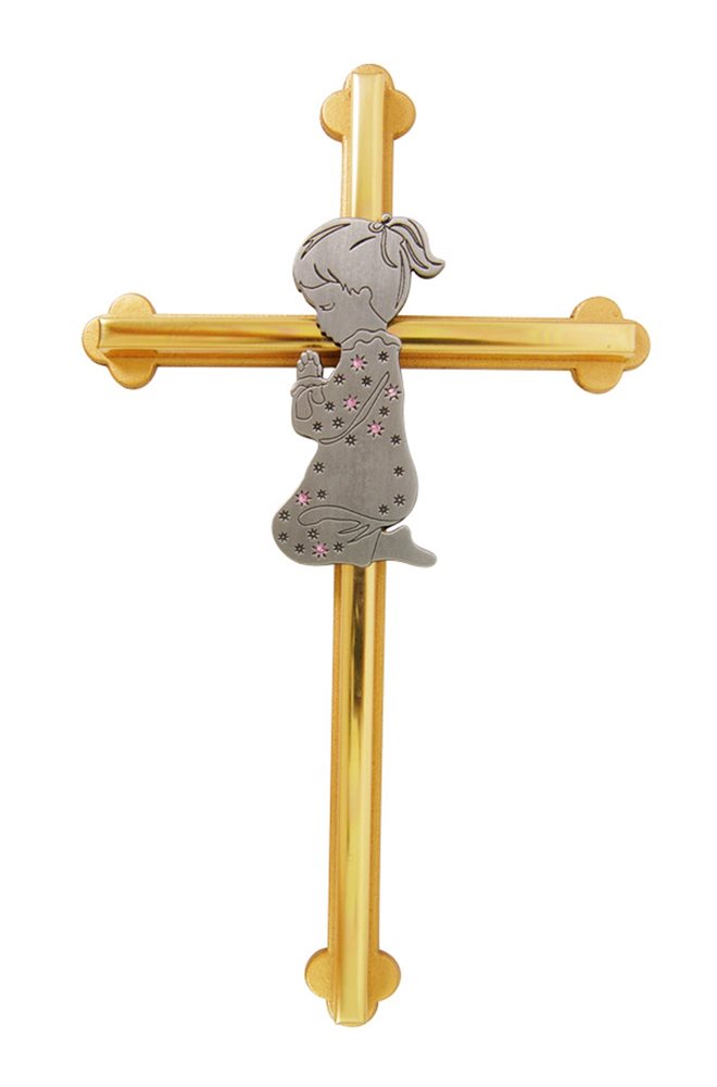 Croix baptême fille, métal bicolore pierres roses, 20 cm