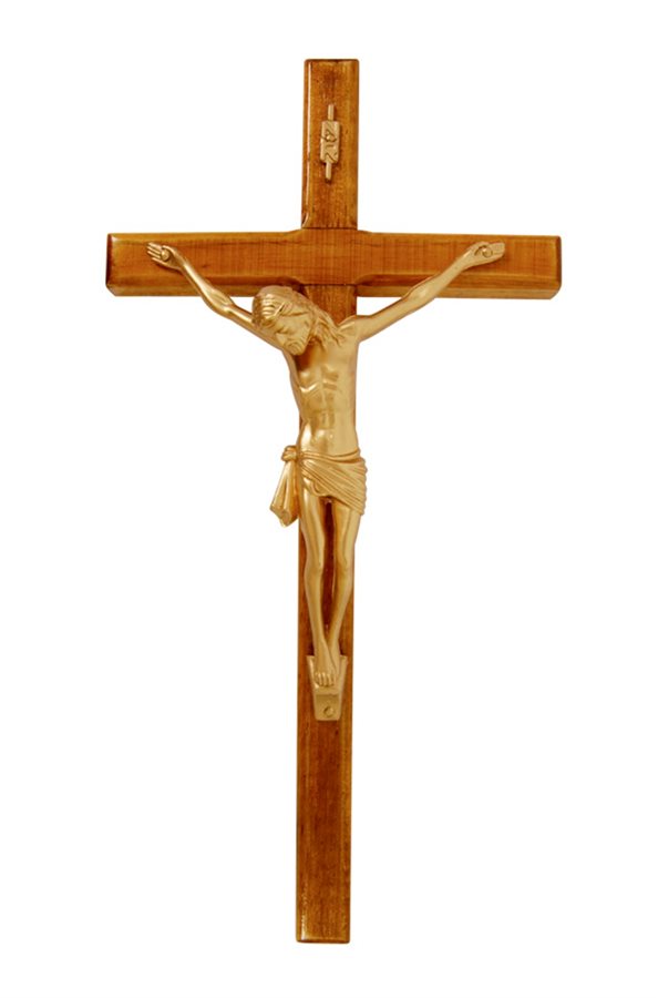 Crucifix en bois, corpus de plastique doré, 25,4 cm