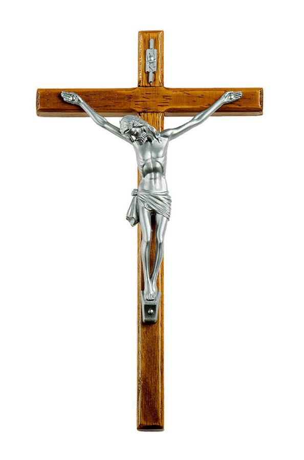 Crucifix en noyer, corpus en plastique arg., 20,3 cm