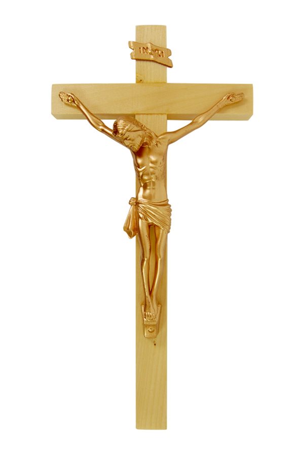 Crucifix bois pâle, corpus plastique doré, 20,3 cm