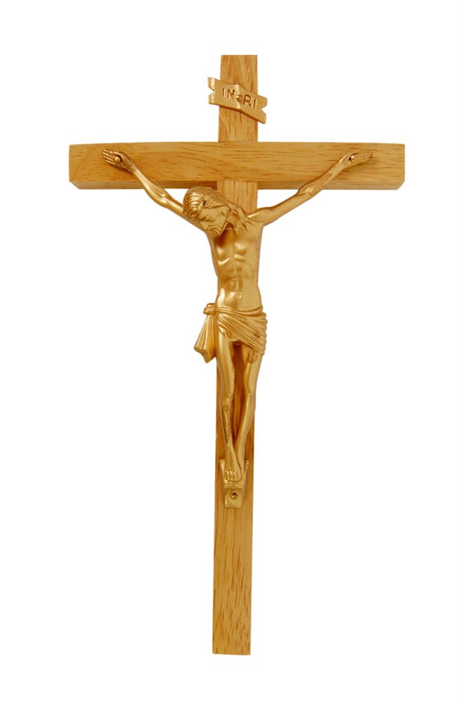 Wooden Crucifix, Golden Plastic Corpus, 8"