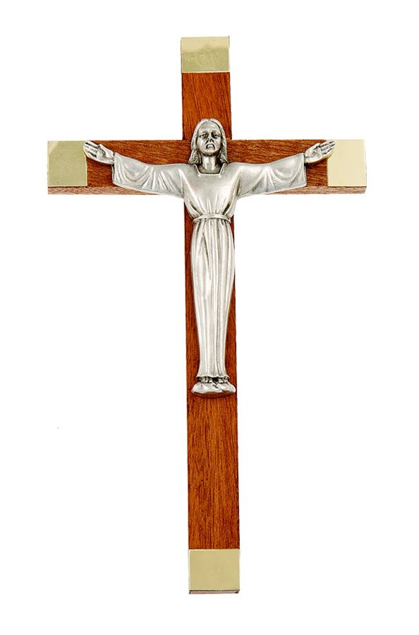 Crucifix bois et métal, corpus métal arg., 17 cm