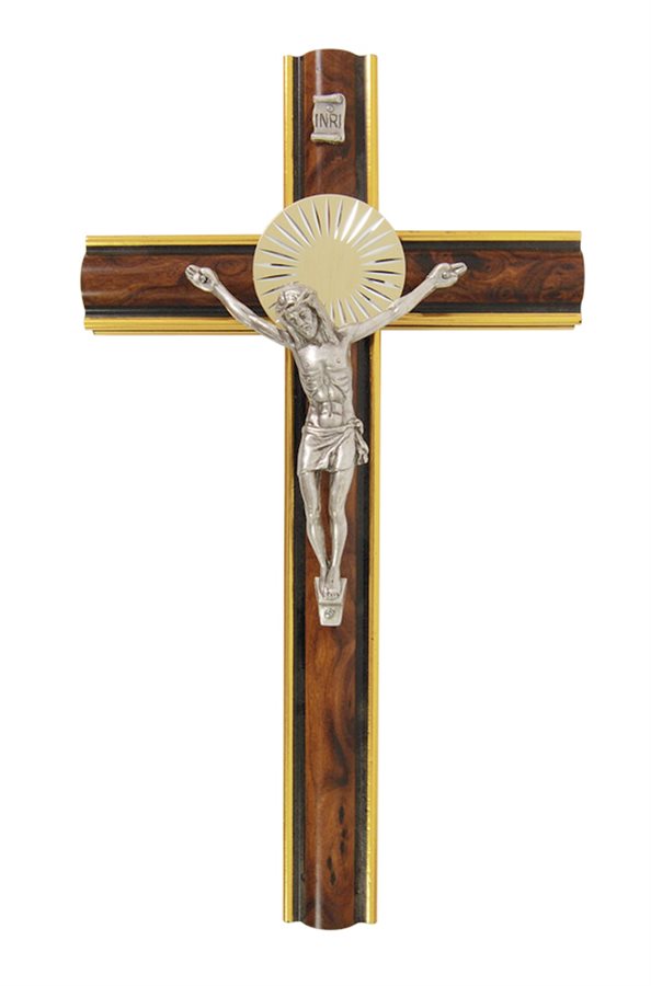 Walnut & Gilt Crucifix, Silver-Finish Corpus, 8"
