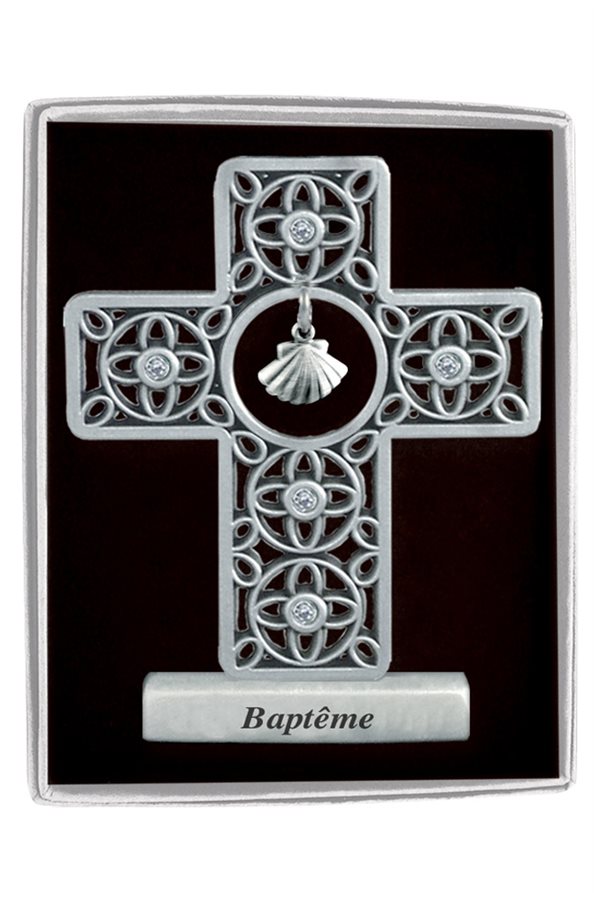 Croix de baptême, étain, 7,6 cm, Français