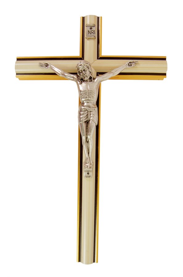 Crucifix bois coul. ivoire, corpus arg., 25,4 cm